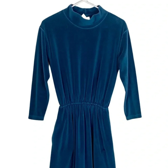 Vintage 90s Dress LL Bean Size Small Velour Mockneck Midi  Womens Teal Blue - Picture 3 of 12